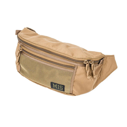 The MIS Mesh Waist Bag in Coyote Brown is made from durable Cordura Nylon and features a zippered main compartment, a front military mesh zip pocket, and a small black MIS patch on the front.