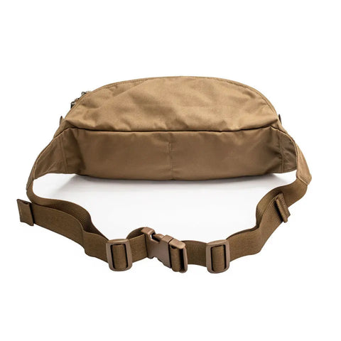 The MIS Mesh Waist Bag in Coyote Brown features an adjustable, detachable waist strap with a plastic buckle. Made from durable Cordura Nylon, it boasts a minimalist design and is shown against a white background.