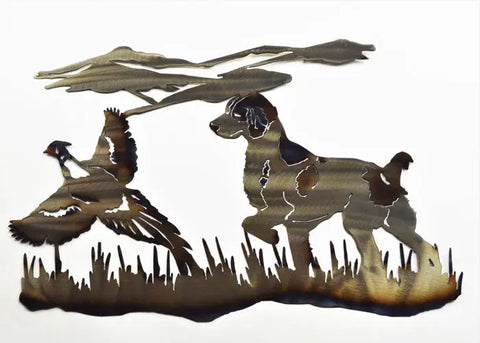 Metal Hunting Scene Wall Decor – Rustic Britteny Spaniel & Pheasants Art | Made in USA Knights Home Decor  item