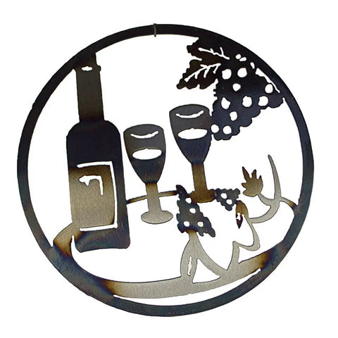 Metal Wine Bottle and Glasses Wall Art – Rustic Circular Decor | Made in USA Knights Home Decor  item