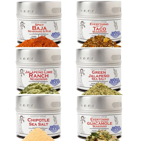 The Gustus Vitae Mexican Seasoning Gift Set features six artisanal spice blends—Spicy Baja, Everything Taco, Jalapeno Lime Ranch, Green Jalapeno, Chipotle Sea Salt, and Everything Guacamole—all crafted with all-natural ingredients.
