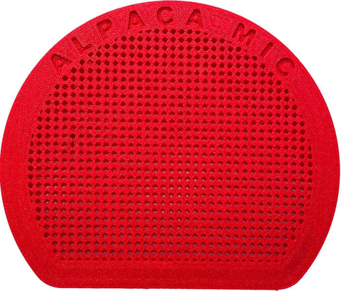 A red, semi-circular perforated plastic Extra Front Cap by Alpaca Mic, with ALPACA MIC embossed along the top curve, designed for effective isolation.