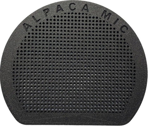 The Alpaca Mic Extra Front Cap is a black, semicircular accessory with ALPACA MIC engraved along the top and a center grid of small holes, providing effective isolation for your Alpaca Mic.