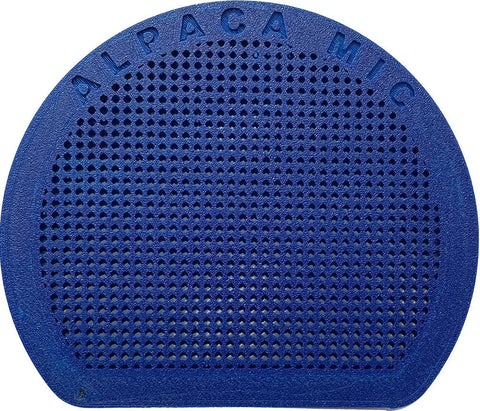 The Extra Front Cap by Alpaca Mic is a blue, semi-circular plastic accessory featuring round holes and ALPACA MIC embossed along the top, designed to isolate sound for optimal audio performance.