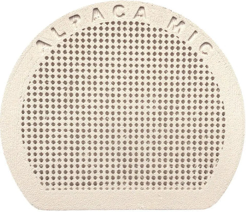 The Alpaca Mic Extra Front Cap is a round, textured beige accessory with a grid of small holes and ALPACA MIC embossed on top—ideal for isolating your Alpaca Mic.