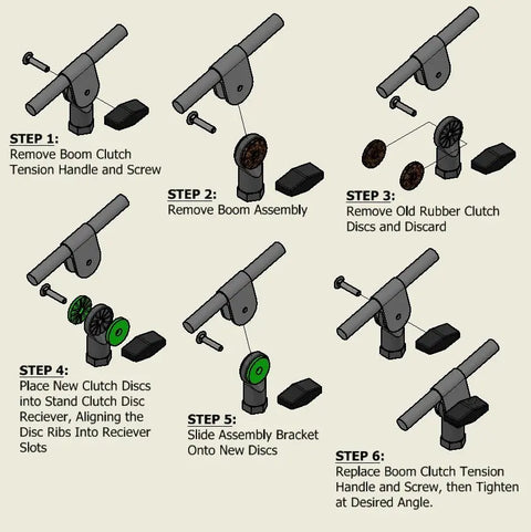 Six-step diagram showing how to replace clutch discs on the Alpaca Mic Stand Saver: remove handle, boom, and old discs; insert new discs and rubber washer; then reattach handle, screw, and boom at your desired angle.