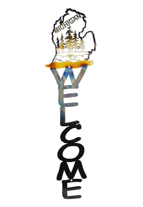 Michigan State Silhouette Welcome Sign – Handmade Forest Scene Metal Art | Made in USA Knights Home Decor  item
