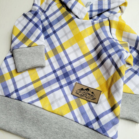 Mid-Weight Baby Hoodie With Yellow Blue Plaid Print – Soft Rib Cuffs – Handmade In USA | Adventure Clothes Adventure Clothes Company  Baby Hoodie