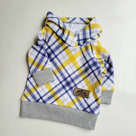 Mid-Weight Baby Hoodie With Yellow Blue Plaid Print – Soft Rib Cuffs – Handmade In USA | Adventure Clothes Adventure Clothes Company  Baby Hoodie