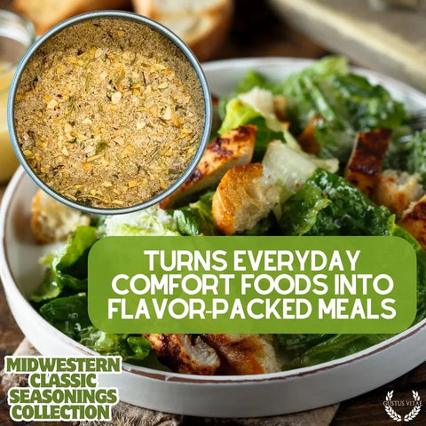 A bowl of Caesar salad with croutons sits on a table. A circular inset shows a close-up of Gustus Vitae Midwestern Gourmet Seasoning Set—Handcrafted Spice Collection, Made in USA. Text reads, Turns everyday comfort foods into flavor-packed meals.