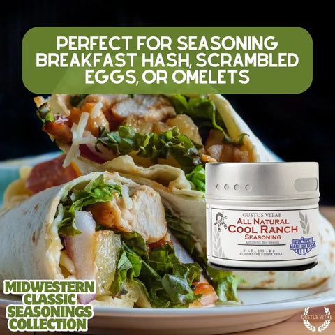 A breakfast wrap with eggs, bacon, and veggies sits next to a Gustus Vitae Midwestern Gourmet Seasoning Set container. Text highlights using this handcrafted spice collection for breakfast dishes. Made in USA.