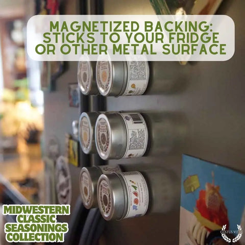Six spice tins from the Gustus Vitae Midwestern Gourmet Seasoning Set are magnetized to stick to your fridge or any metal surface. This handcrafted spice collection is made in the USA.
