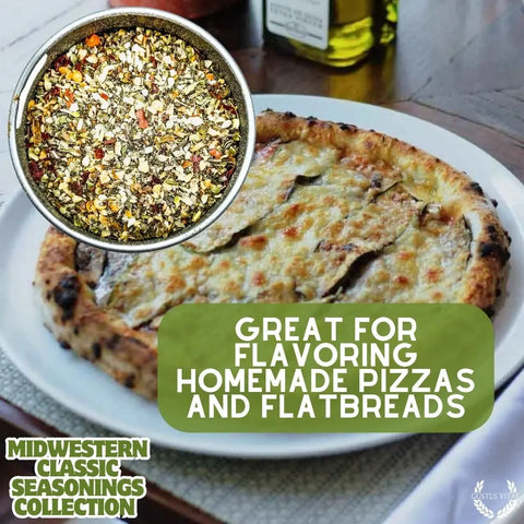 A bowl of mixed dried seasonings sits beside a baked pizza on a white plate, highlighting Gustus Vitae's Midwestern Gourmet Seasoning Set – Handcrafted Spice Collection, made in the USA, as perfect for flavoring homemade pizzas and flatbreads.