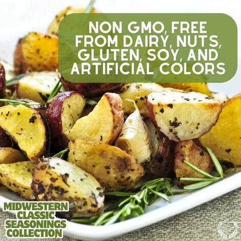 Roasted potatoes with herbs from Gustus Vitae's Midwestern Gourmet Seasoning Set – Handcrafted in the USA. Non GMO, and free from dairy, nuts, gluten, soy, and artificial colors.