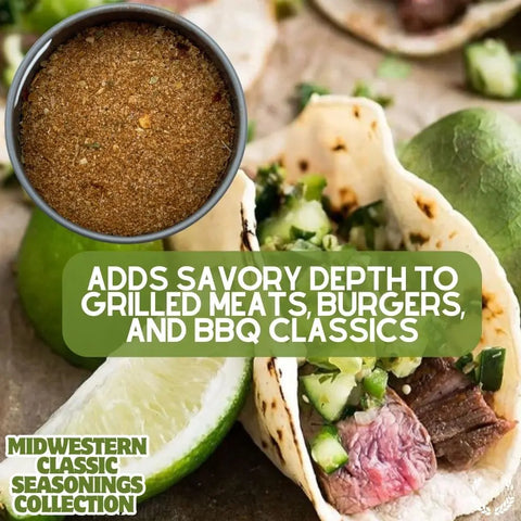 A bowl of all-natural Gustus Vitae seasoning blends sits above tacos filled with grilled meat and toppings. Text: Adds savory depth to grilled meats, burgers, and BBQ classics. Midwestern Gourmet Seasoning Set – Handcrafted Spice Collection in the corner.