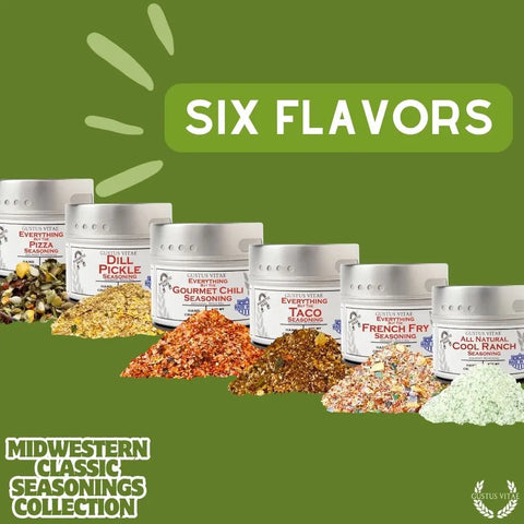 Six seasoning jars from Gustus Vitae’s Midwestern Gourmet Seasoning Set are displayed above vibrant spices, with "Six Flavors" and "Midwestern Gourmet Seasoning Set – Handcrafted Spice Collection | Made in USA" highlighted on a green background.
