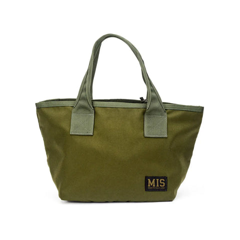 The MIS Mini Tote Bag - Olive Drab features two short handles, a top black YKK zipper, and a “MIS Made in California USA” patch. Made from water-resistant 1000D Dupont Cordura Nylon.