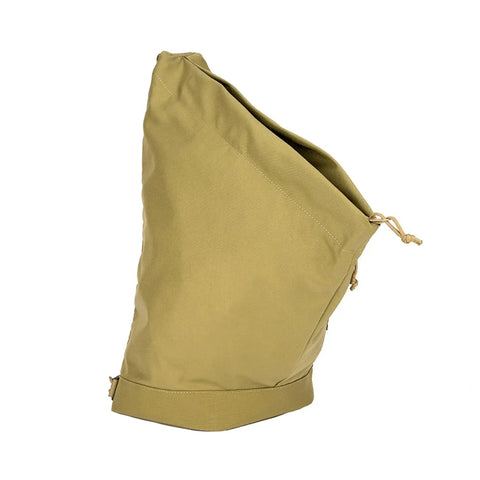 The MIS TA One Shoulder Bag in coyote tan is made from durable Cordura nylon, featuring a wide opening, side drawstring closure, and folded bottom. Made in the USA and shown upright against a white background.