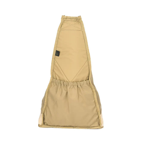 The MIS TA One Shoulder Bag in coyote tan features a triangular Cordura nylon design, an elastic front pocket, and a small black tag on top, shown against a white background.