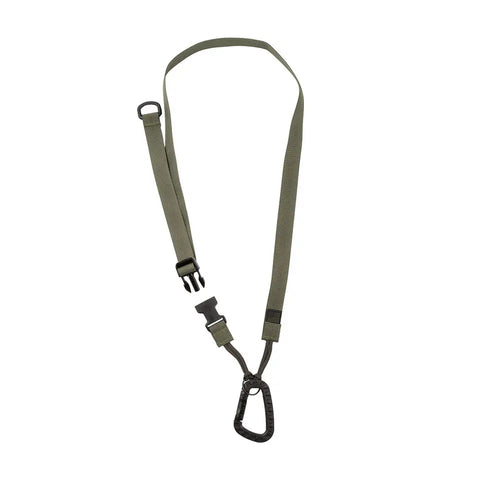 The MIS Tactical Key Strap Set - Olive features MIL-SPEC nylon webbing in olive green, a black plastic buckle, and a metal carabiner clip, shown laid flat on a white background.