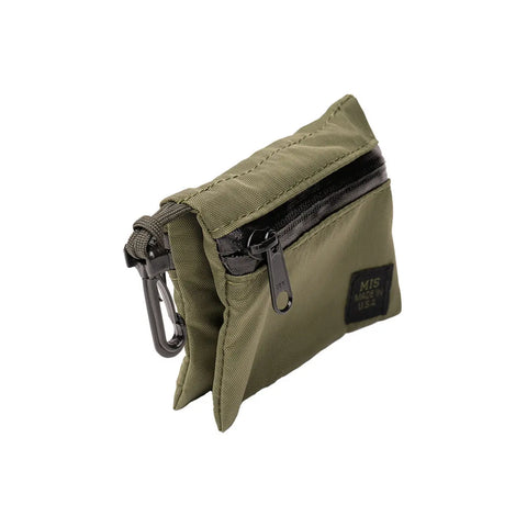 The MIS Tactical Key Strap Set in olive features a small, water-resistant pouch with a black zipper, patch label, and an attached carabiner clip, all shown isolated on a white background.