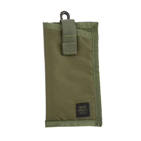 The MIS Tactical Key Strap Set - Olive features water-resistant MIL-SPEC nylon webbing, a hook-and-loop flap, black plastic top clip, and a MIS Made in USA label in the bottom corner.