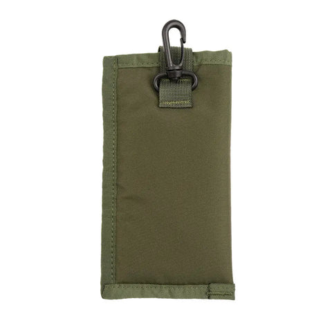 The MIS Tactical Key Strap Set - Olive features a green rectangular fabric pouch with reinforced edges, MIL-SPEC nylon webbing, hook-and-loop closure, and a black plastic carabiner clip at the top center.