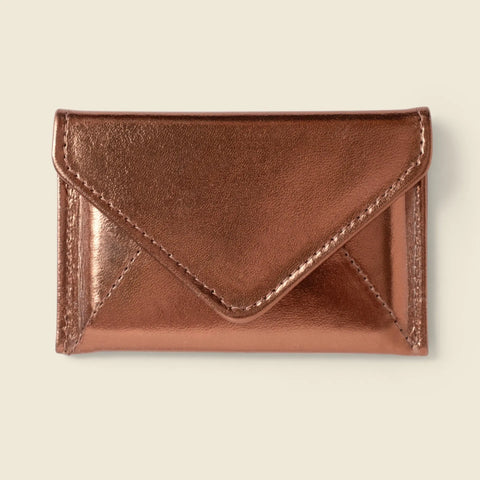 The CASUPO Mini Envelope Wallet With RFID Protection in metallic bronze features eco-friendly leather and visible stitching, shown on a plain light beige background.