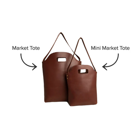 Two brown leather tote bags with handles and shoulder straps stand upright on a white background. The larger bag is labeled Market Tote, while the smaller is the Urban Southern Mini Market Tote, a classic American-made handbag for daily use.