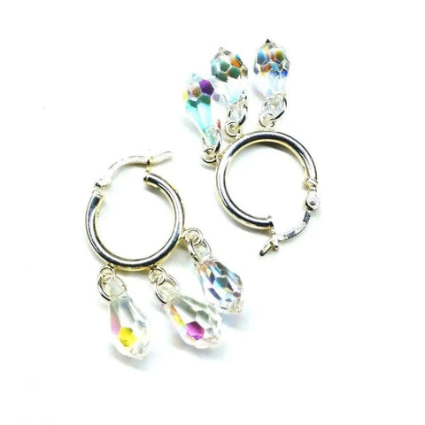 Alexa Martha Designs Sterling Silver Hoop Sparkly Crystal Drop Dangle Earrings feature three faceted Swarovski crystal beads on each hoop, beautifully displayed against a white background.