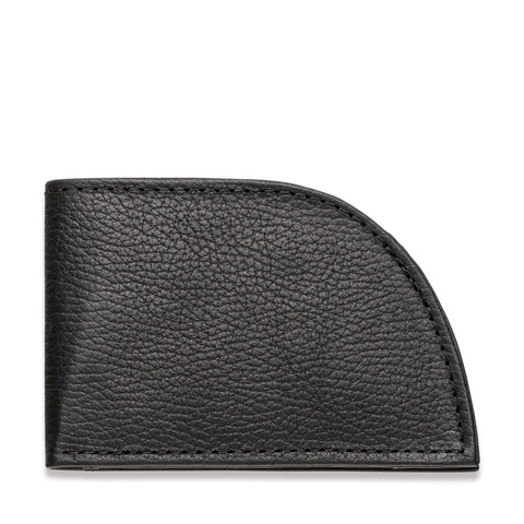 The Rogue Industries Rogue Front Pocket Wallet - Classic Made in Maine Edition is a black premium leather wallet with a textured surface and a unique upper right rounded corner, designed slim for front pockets and shown against a white background.