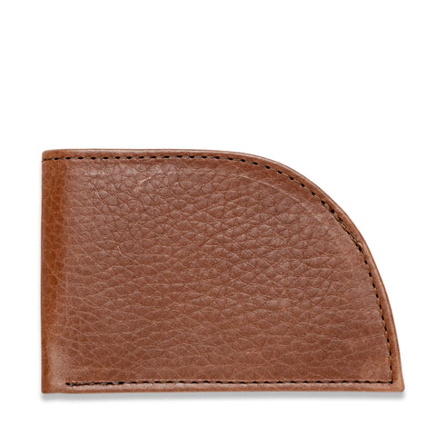 The Rogue Industries Rogue Front Pocket Wallet - Classic Made in Maine Edition is a brown premium leather wallet with a textured surface, a straight left edge, and a rounded right edge for a unique front-pocket fit.