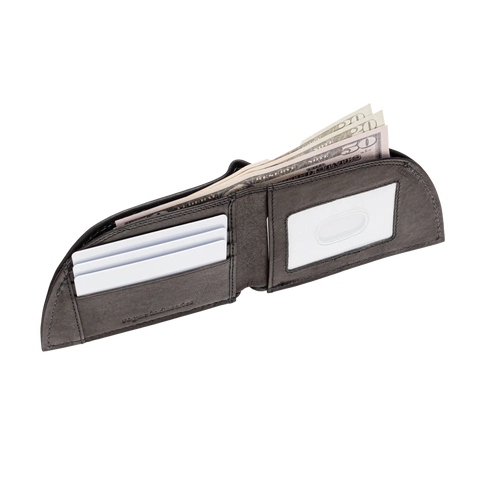 The Rogue Industries Rogue Front Pocket Wallet - Classic Made in Maine Edition, shown open on a light background, displays cash, three white cards in card slots, and a transparent ID window. Its premium brown leather fits perfectly in your front pocket.