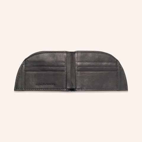 The Rogue Industries Rogue Front Pocket Wallet - Classic Made in Maine Edition is a black premium leather wallet with rounded edges, six card slots, subtle stitching, embossed branding, and RFID-blocking protection.