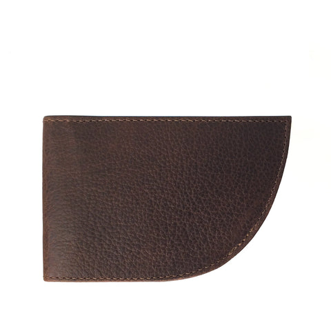 The Nantucket Front Pocket Wallet by Rogue Industries features a closed brown top-grain leather design with a textured surface and a distinctive curved right edge, shown against a plain white background.