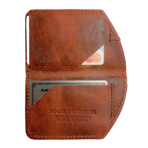 The Minimalist Wallet by Rogue Industries is a brown leather front pocket wallet featuring two visible card slots (MasterCard and American Express) and ROGUE INDUSTRIES SEWN IN MAINE, USA, PATENT PENDING embossed below the slots.