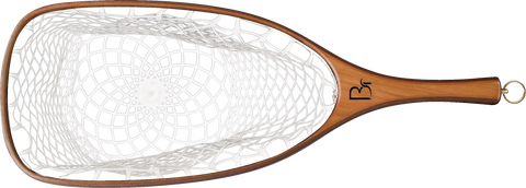 The Missouri by Blue Ribbon Nets is a handcrafted fishing net featuring a wooden handle, white patterned mesh, and a metal ring—expertly made in the USA.