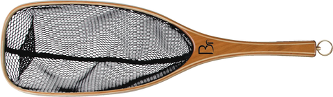 The Missouri by Blue Ribbon Nets is a handcrafted fishing net with a wooden handle, black mesh, end loop, and stylized R logo near the base—quality made in the USA.