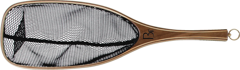 The Missouri by Blue Ribbon Nets is a handcrafted fishing net featuring a wooden handle, black mesh netting, and a metal loop at the end—quality made in the USA.