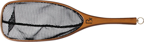 The Blue Ribbon Nets Missouri features a handcrafted wooden handle, black mesh netting, and a metal ring at the end, displayed on a white background.