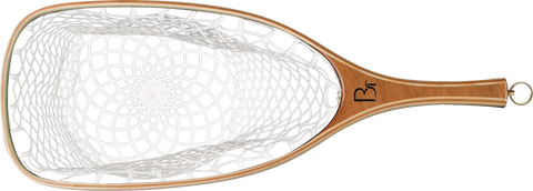 The Blue Ribbon Nets Missouri is a handcrafted fishing net with a smooth wooden handle, clear white rubber mesh, and a metal attachment ring. Expertly made in the USA for quality and durability.