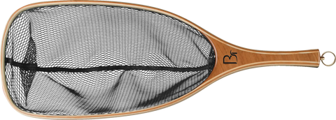 The Blue Ribbon Nets Missouri is a handcrafted fishing net featuring a wooden handle, black mesh netting, and a metal ring at the end, shown on a white background.