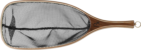 The Blue Ribbon Nets Missouri is a handcrafted fishing net with a wooden handle and black mesh, viewed from above. It features a hanging loop at the handle’s end and showcases quality craftsmanship made in the USA.