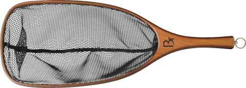 The Missouri by Blue Ribbon Nets is a handcrafted fishing net with a wooden handle, black mesh netting, a hanging loop, and stylized logo near the base, all proudly made in the USA and shown lying flat on a white background.