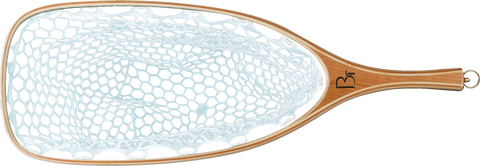 The Missouri by Blue Ribbon Nets is a handcrafted fishing net with a wooden handle, white hexagonal mesh, and a metal ring for gear attachment, expertly made in the USA.