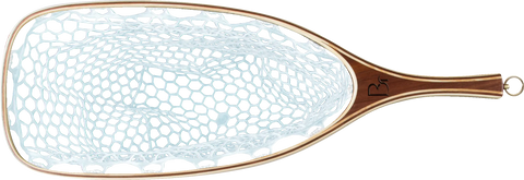 The Missouri by Blue Ribbon Nets is a handcrafted fishing net featuring a wooden handle, white hexagonal mesh, and a metal ring—expertly made in the USA for quality and durability.