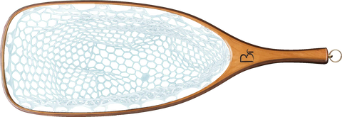 The Blue Ribbon Nets Missouri is a handcrafted fishing net with a wooden handle, wide oval frame, white hexagon mesh, and a loop for gear attachment. Made in the USA for lasting quality on every trip.