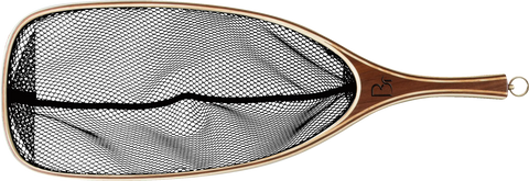 The Missouri by Blue Ribbon Nets is a handcrafted fishing net with a wooden handle, black mesh, and an oval frame plus a small metal ring at the end—expertly made in the USA.