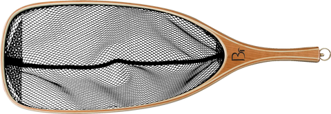 The Blue Ribbon Nets Missouri fishing net features a handcrafted wooden handle, wide oval frame, and black mesh netting, shown from above on a white background.