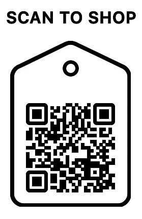 A white price tag with a black outline and top hole, featuring a large QR code in the center. Perfect for Scarves - Chemo Beanies® - Sara by Chemo Beanies®. The background is transparent.
